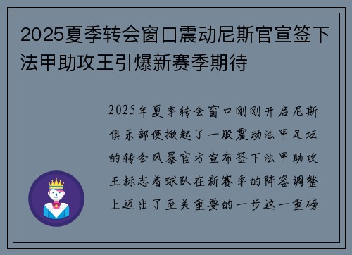 2025夏季转会窗口震动尼斯官宣签下法甲助攻王引爆新赛季期待