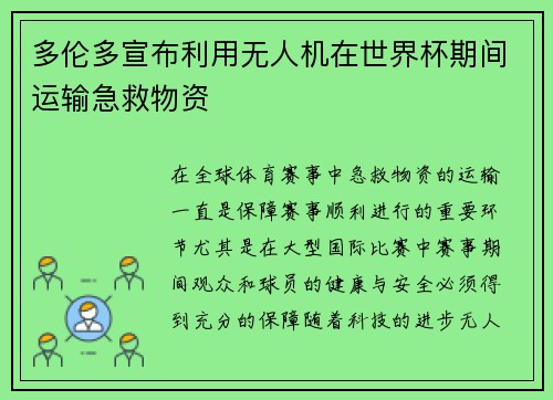 多伦多宣布利用无人机在世界杯期间运输急救物资 多伦多宣布利用无人机在世界杯期间运输急救物资