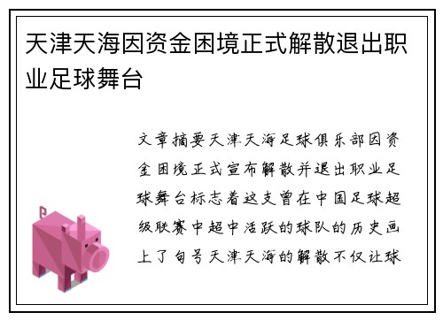 天津天海因资金困境正式解散退出职业足球舞台 天津天海因资金困境正式解散退出职业足球舞台